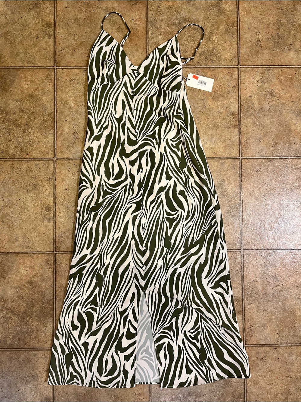 Georgie Olive and White Zebra-Print Maxi Slip Dress with V-Neckline